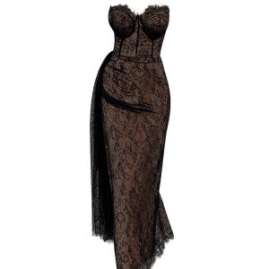 Роскошное вечернее платье из черного кружева на нюдовом подкладе